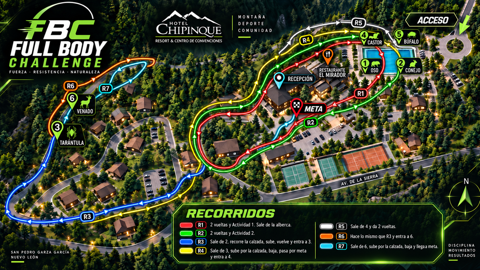 Mapa oficial de los recorridos R1 a R7 del Full Body Challenge en Hotel Chipinque
