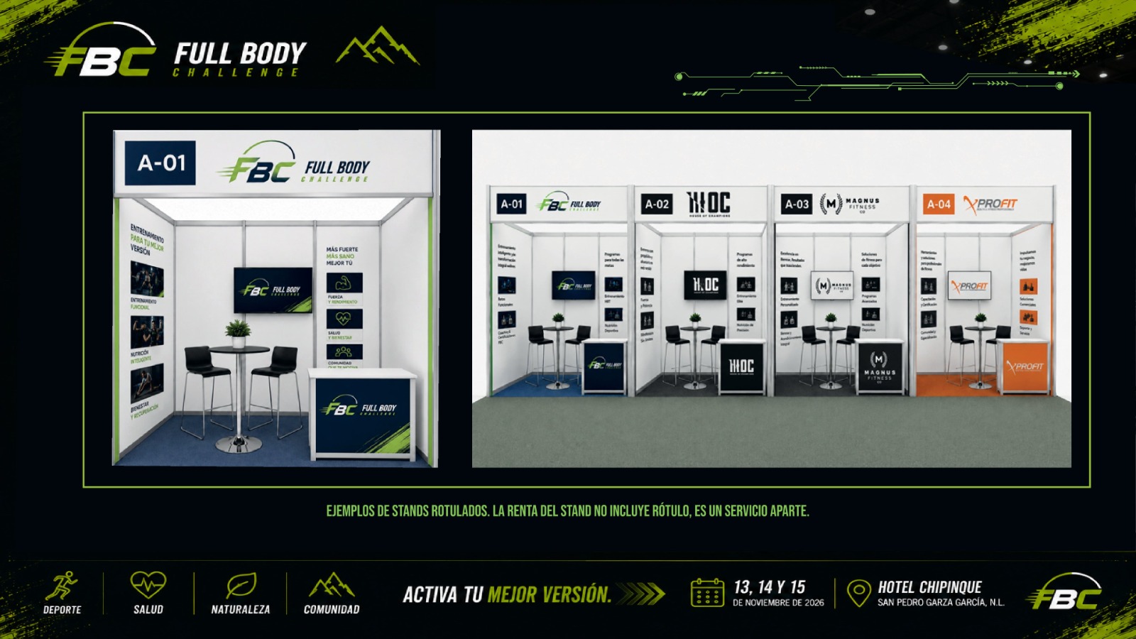 Ejemplos de stands rotulados para la Expo Full Body Challenge