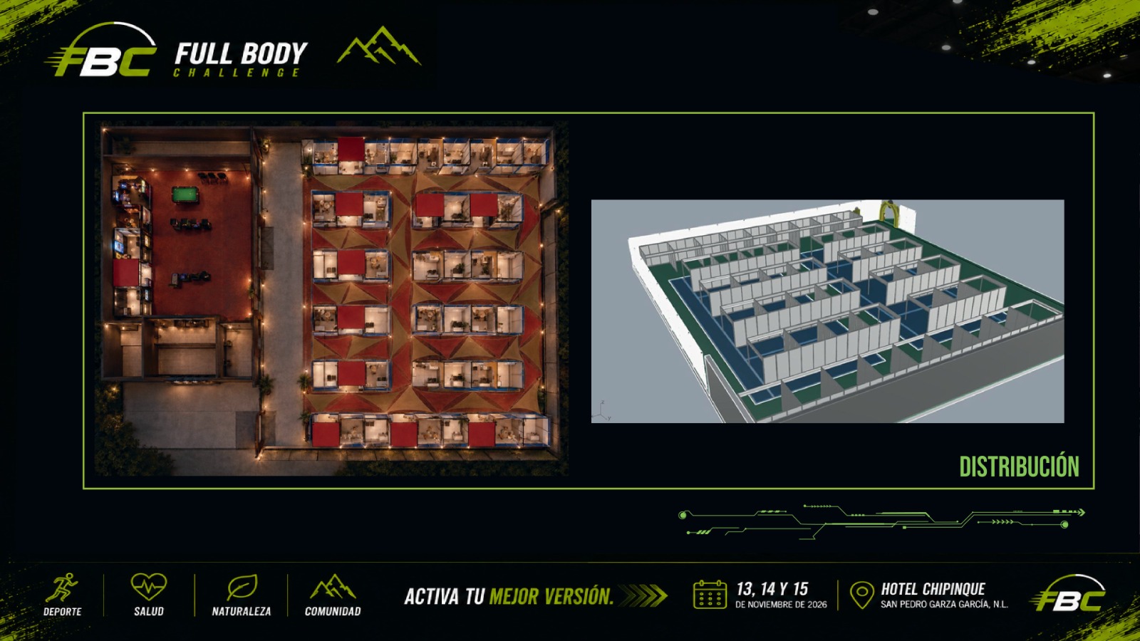 Distribución propuesta de stands en Full Body Challenge